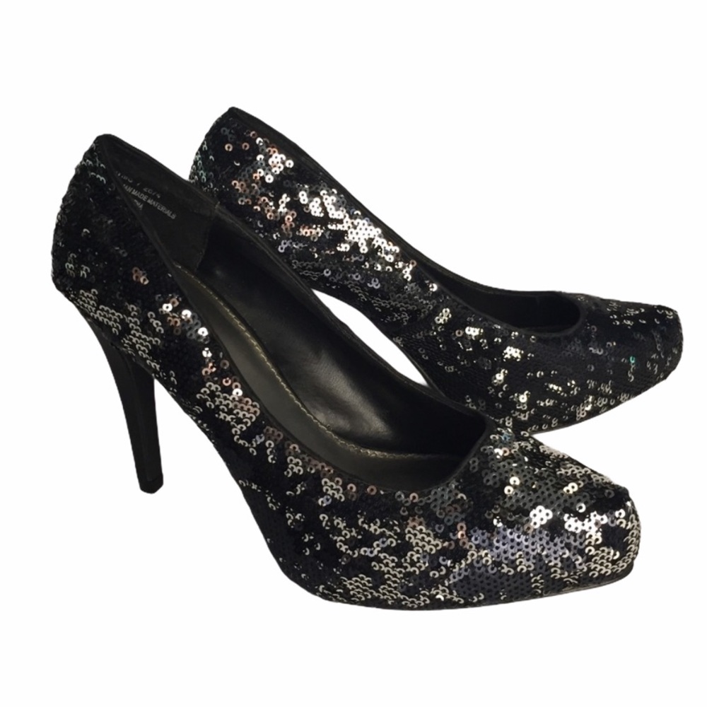 HP {Cato} Black & Silver Sequin Heels EUC Size 7 Women’s Party Sparkle Pumps EUC